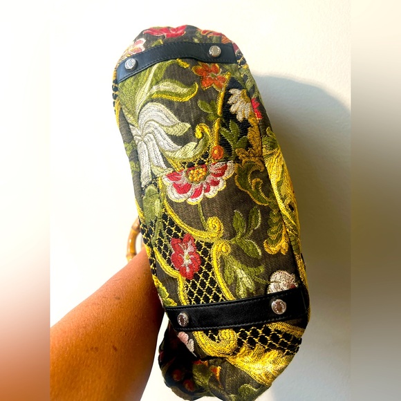 Talbots Vintage Floral Tapestry Satchel Handbag with Stained Bamboo Handles - Picture 7 of 14